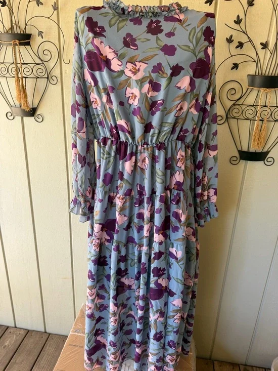 Floral V-Neck Long Sleeve Maxi Dress - Blue with Pink & Purple Flowers XXL - Picture 5 of 9
